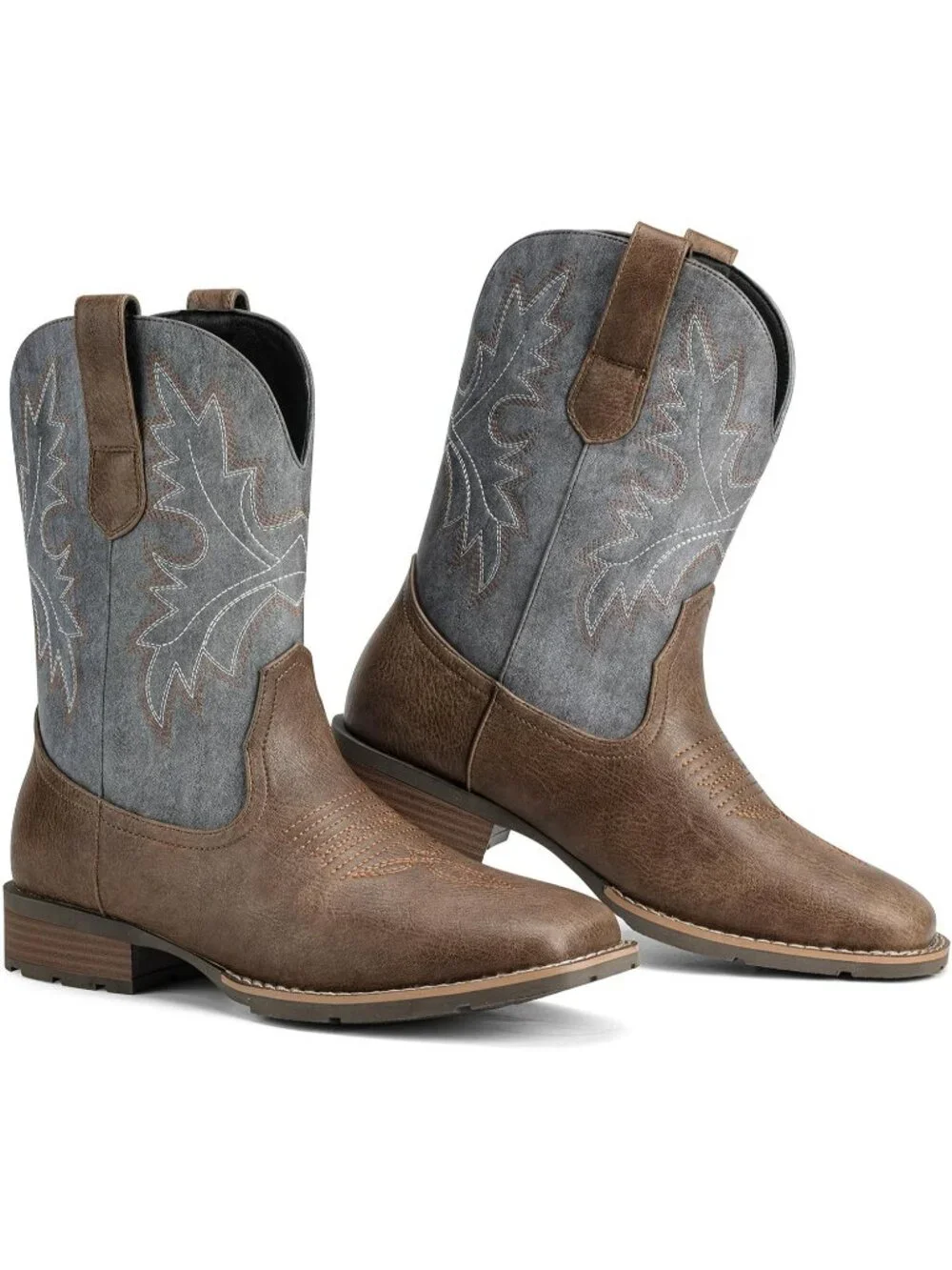 Men's Blue Brown Faux Leather Slip on Square Toe with Classic Embroidered Boots